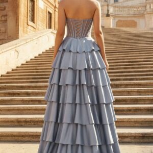 Alternative view of Gray Strapless A Line Satin Ruffled Long Prom Dresses With Slit