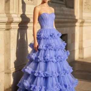 Navy Blue Strapless A Line Tulle Ruffled Long Prom Dresses With Slit