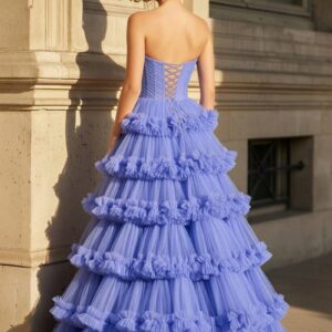 Alternative view of Navy Blue Strapless A Line Tulle Ruffled Long Prom Dresses With Slit