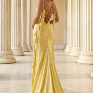 Alternative view of Yellow V Neck Mermaid Satin Ruffled Long Prom Dresses With Slit